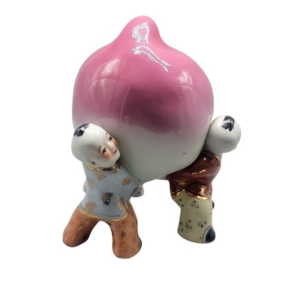 Chinese Lucky Giant Peach Figurine 3 Boys Gold Trim Vintage Prosperity Decor